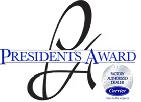 President's Award logo with blue text and a Carrier Factory Authorized Dealer badge
