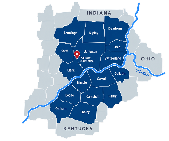 Map of central Indiana counties highlighted in blue, with Indianapolis marked by a red pin.