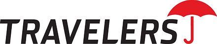 Travelers logo in black text with a red umbrella over the letter J