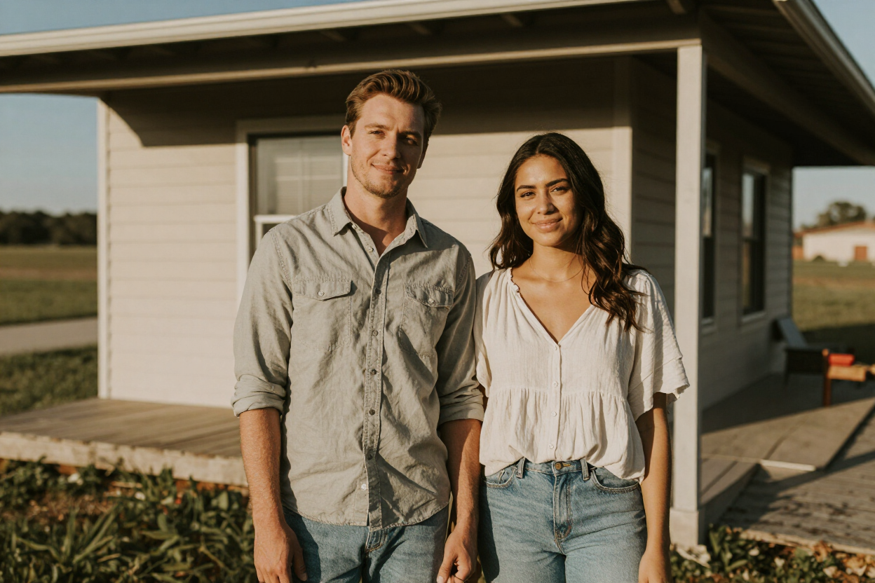 Two people standing in front of a modern house, smiling in casual clothes.