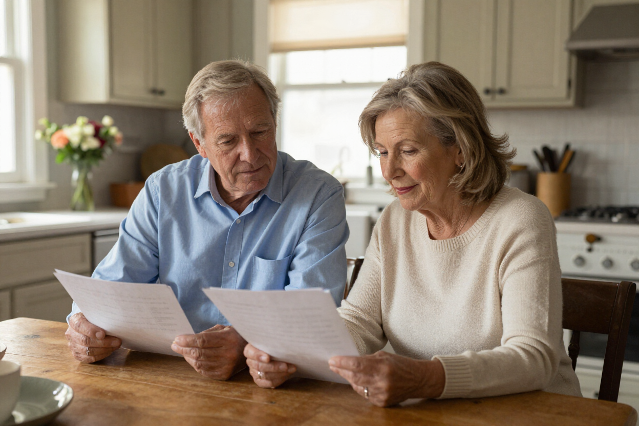 Two people reviewing papers together at a kitchen table, looking concerned in a bright home kitchen.