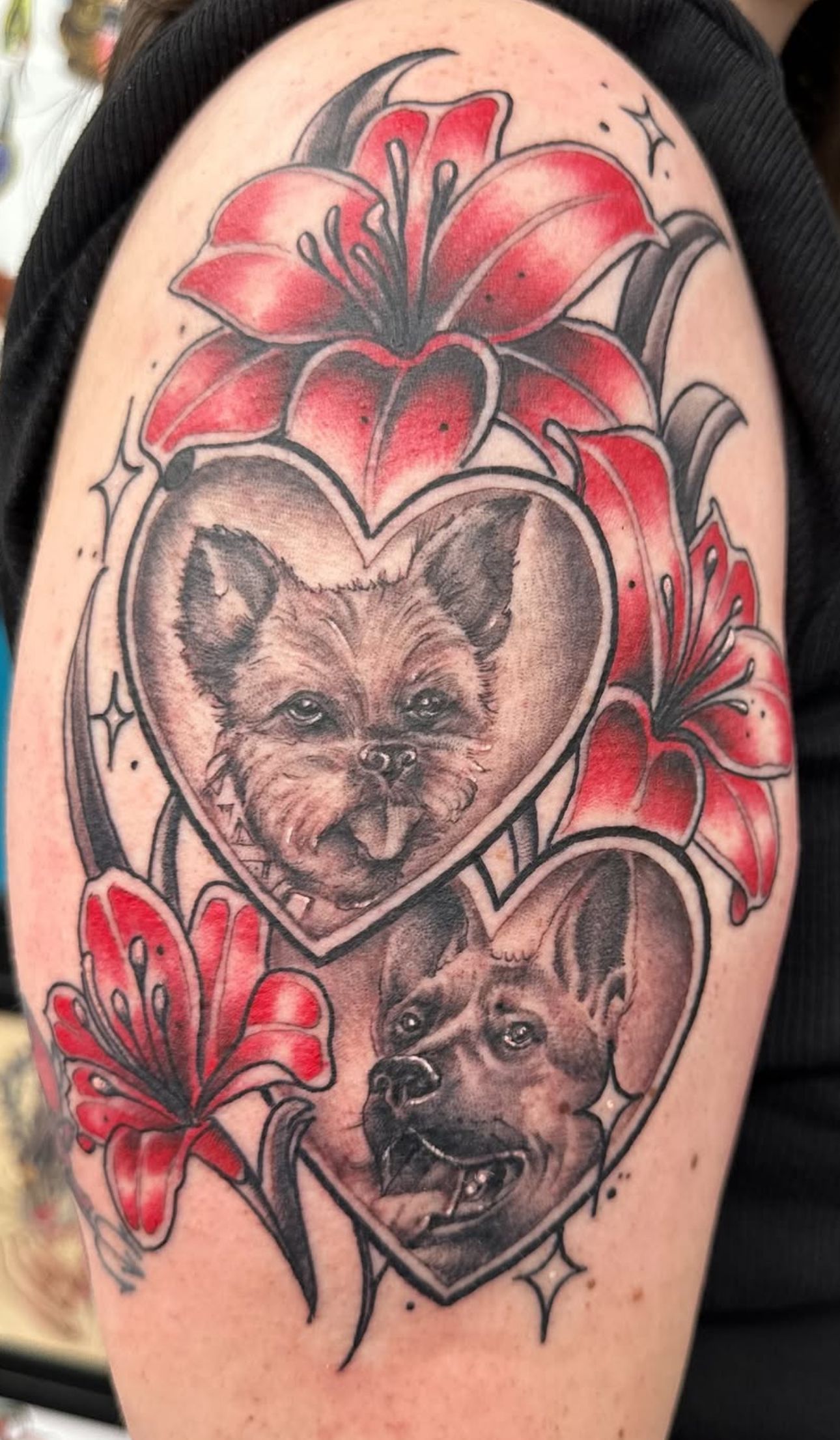Two dogs in heart frames with red lilies and black-and-gray tattoo shading on skin