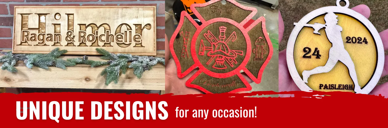 A sign that says ' unique designs for any occasion ' on it