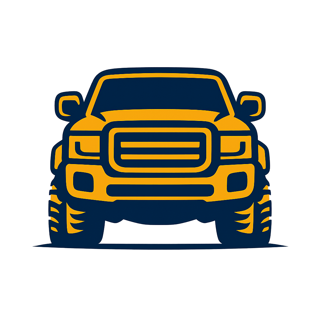 Stylized blue and yellow pickup truck icon on a white background