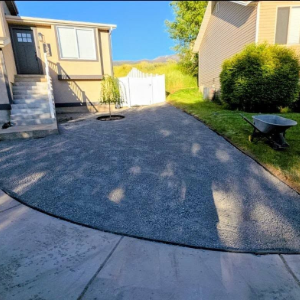 Driveway beside a beige house with stone steps, a white gate, and a trimmed lawn in bright sunlight.