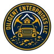 Circular logo for Diligent Enterprises LLC with a truck, mountains, house, and construction tools in navy and gold