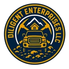 Circular logo for Diligent Enterprises LLC with a truck, mountains, house, and construction tools in navy and gold