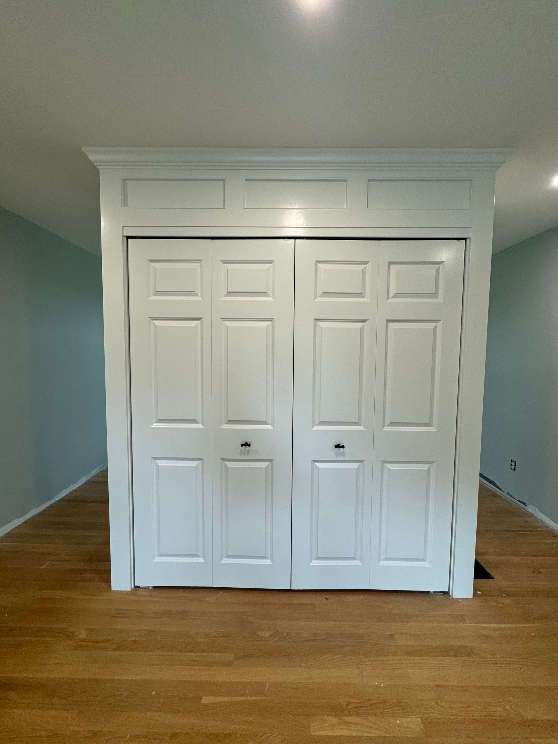 White built-in closet with double doors in a room with light blue walls and hardwood floors