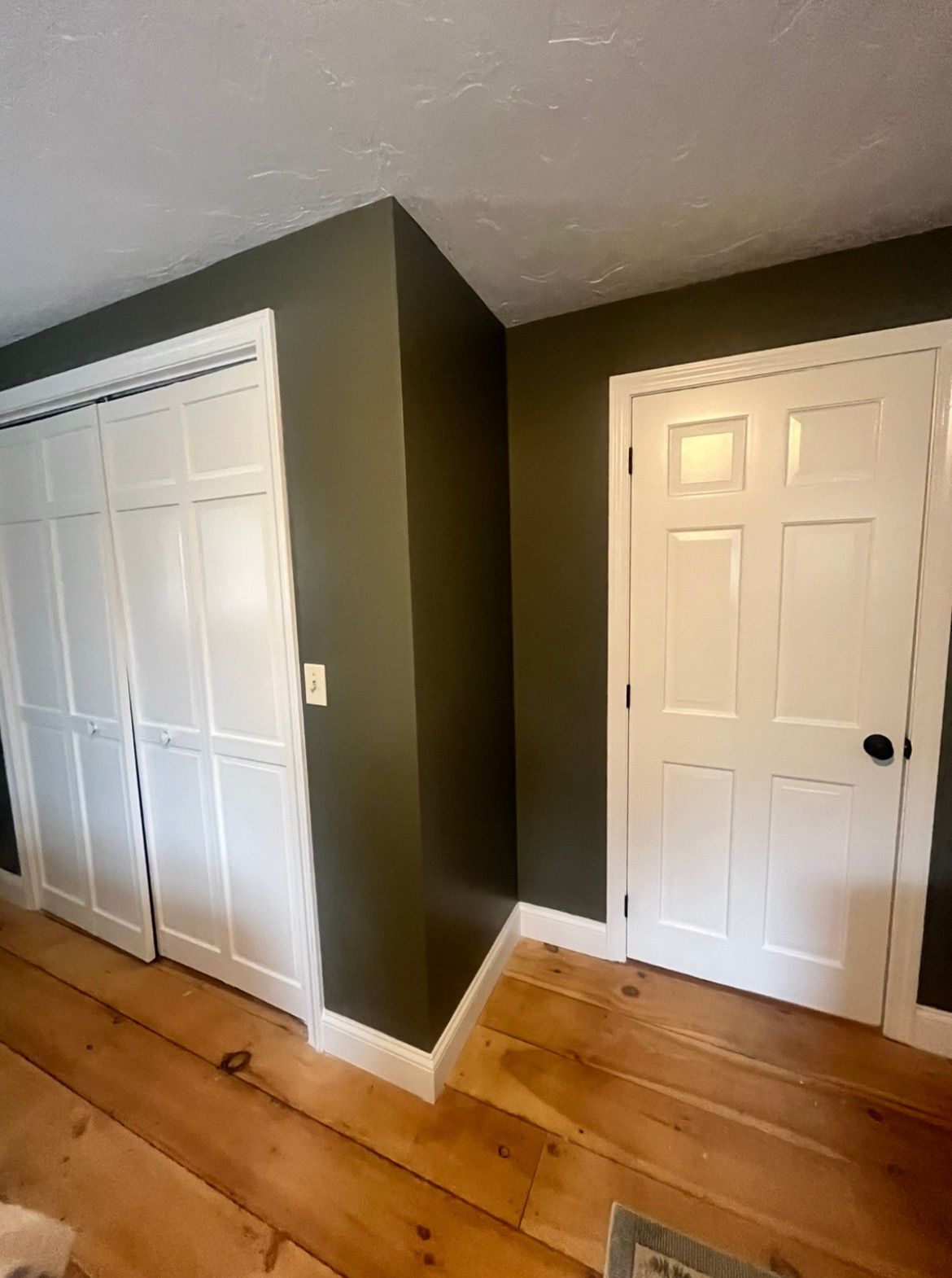 Empty room with dark gray walls, white doors, and honey-colored hardwood floors.