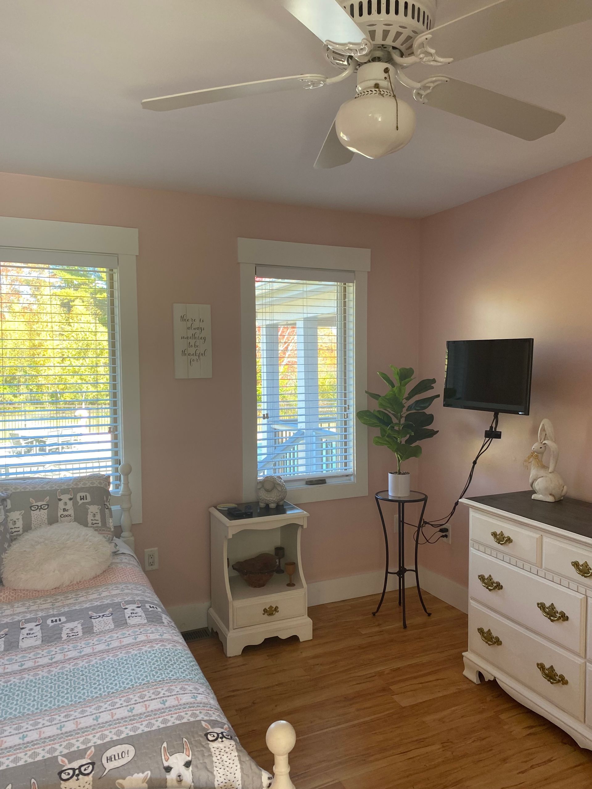 A bedroom with a bed , dresser , and ceiling fan.