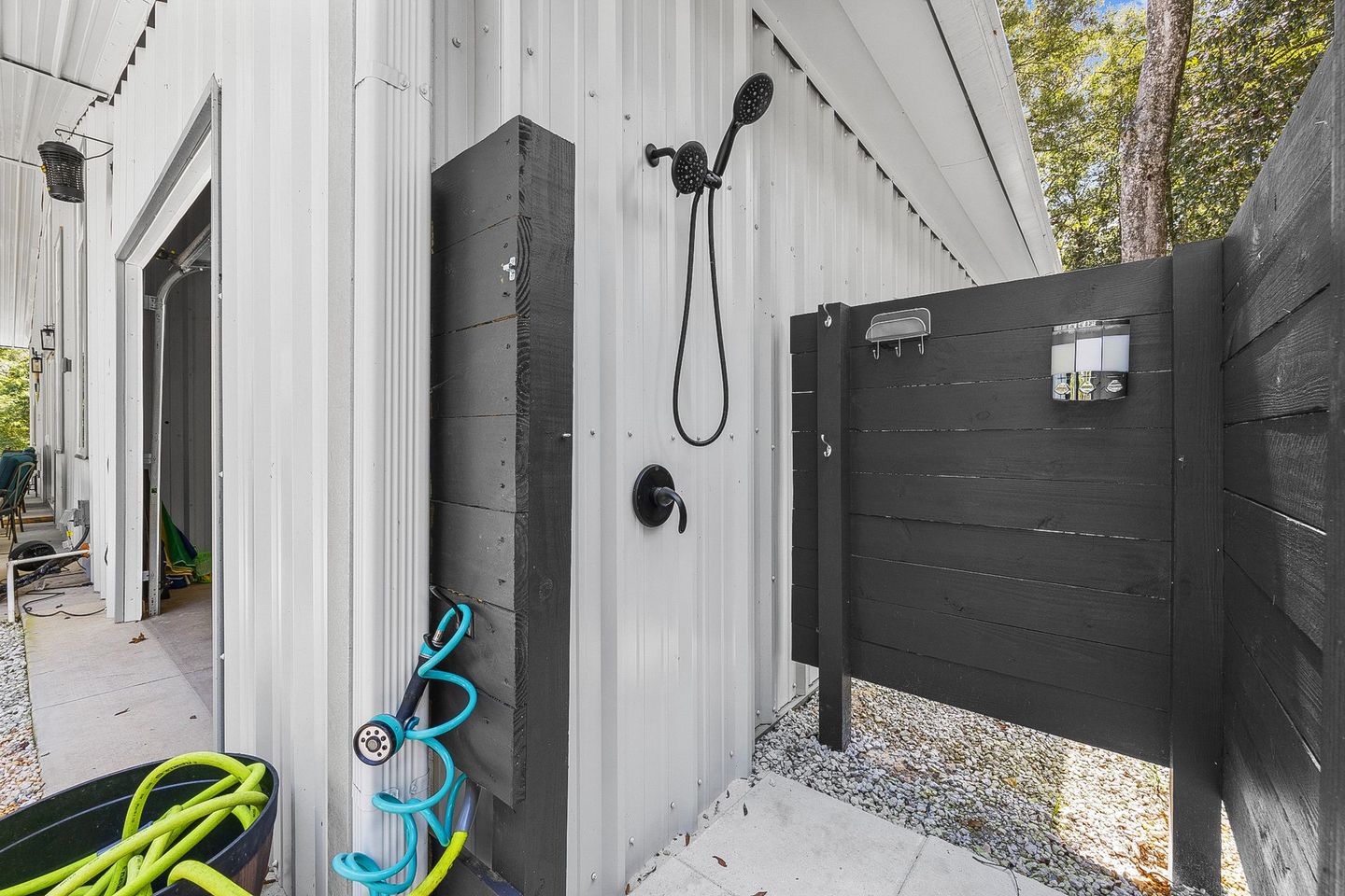 Outdoor shower for divers or guests returning from river activities 