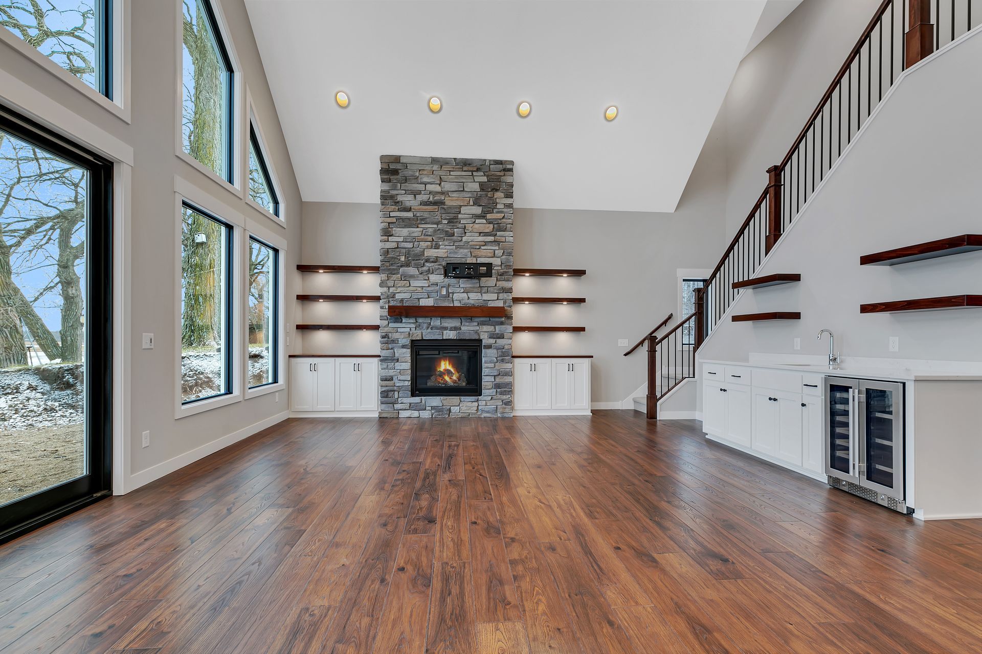 There is a fireplace in the middle of the room.