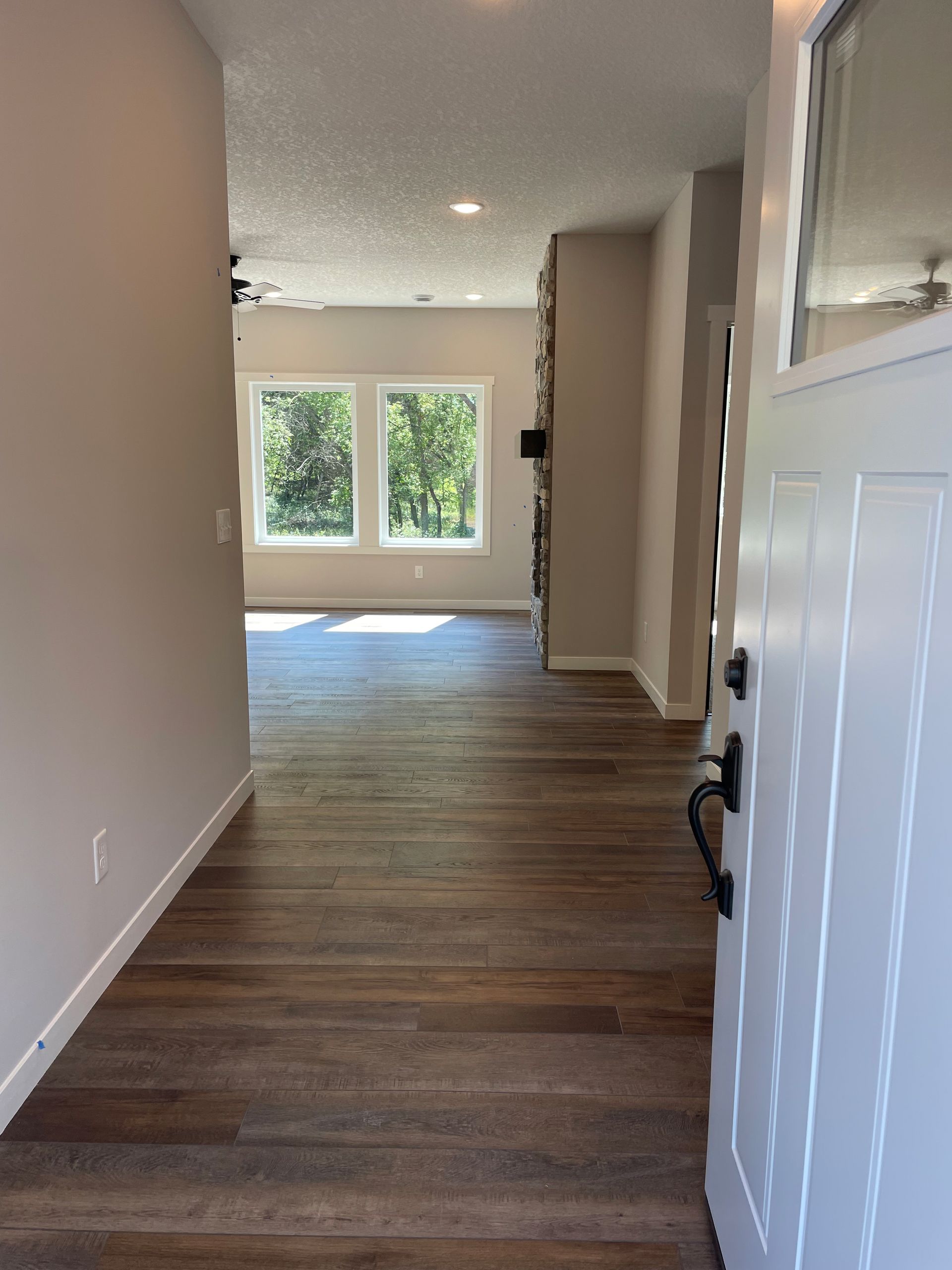 A hallway with hardwood floors and a white door leading to a living room.