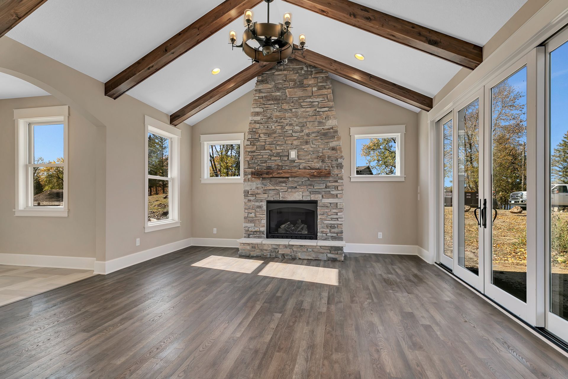There is a fireplace in the middle of the room.
