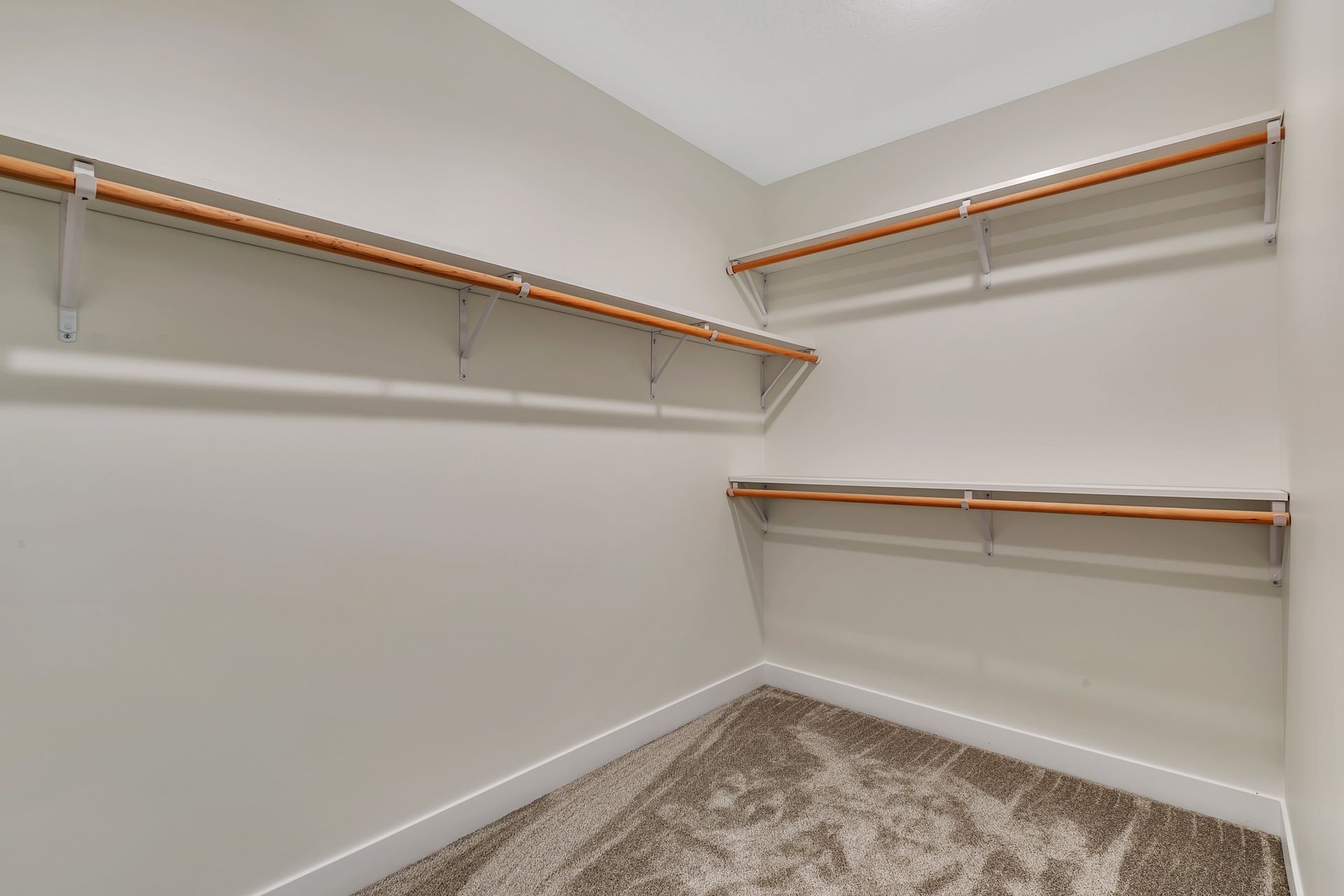 An empty walk in closet with shelves and a rug.