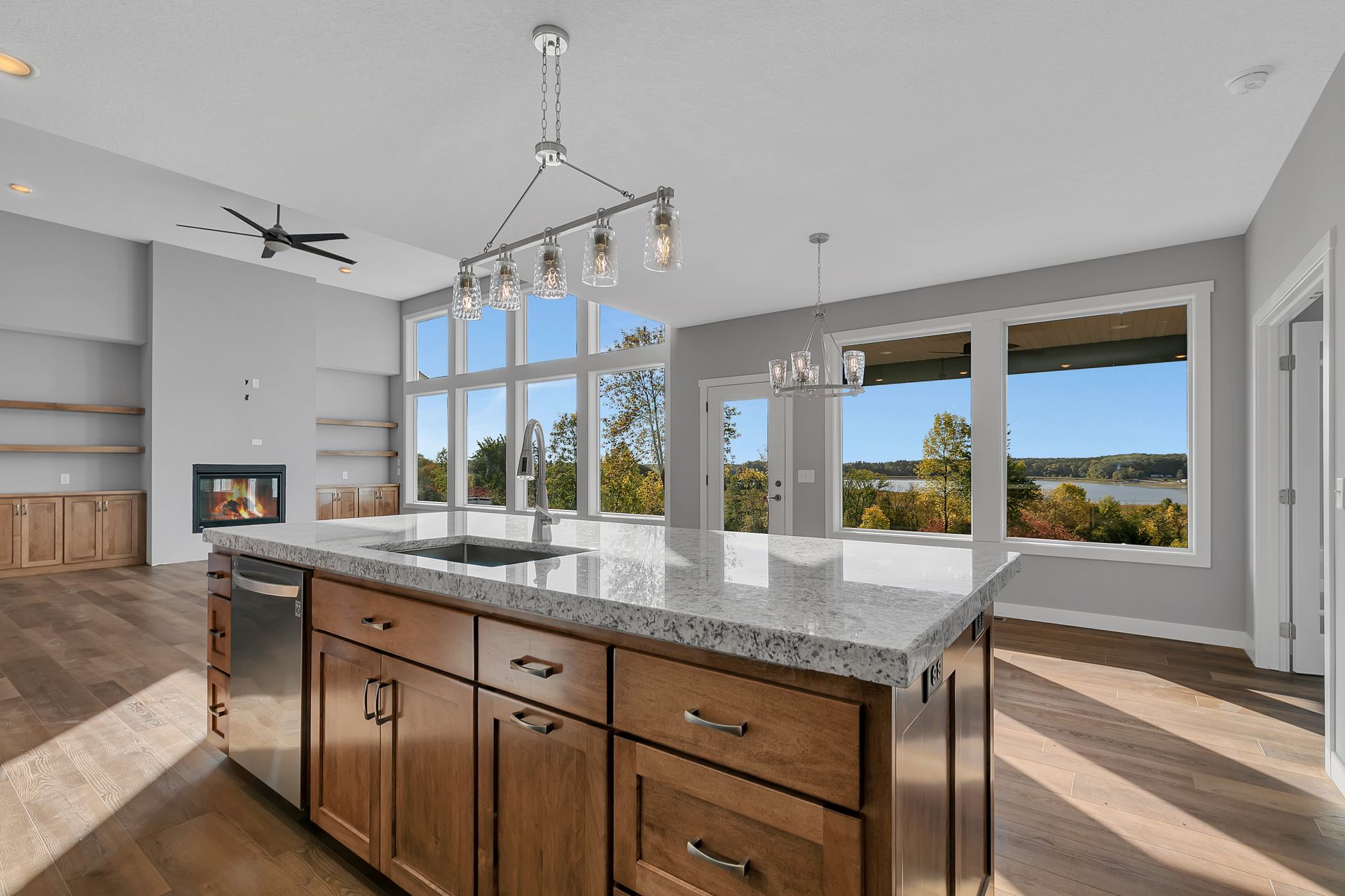 There is a large island in the middle of the kitchen.