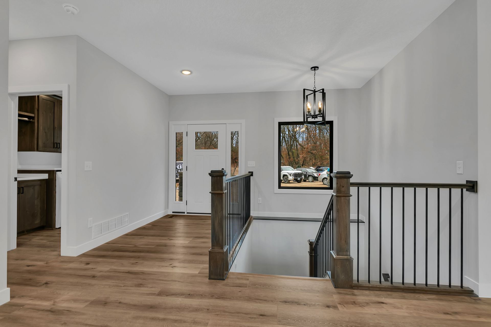 There is a staircase leading up to the second floor of a house.