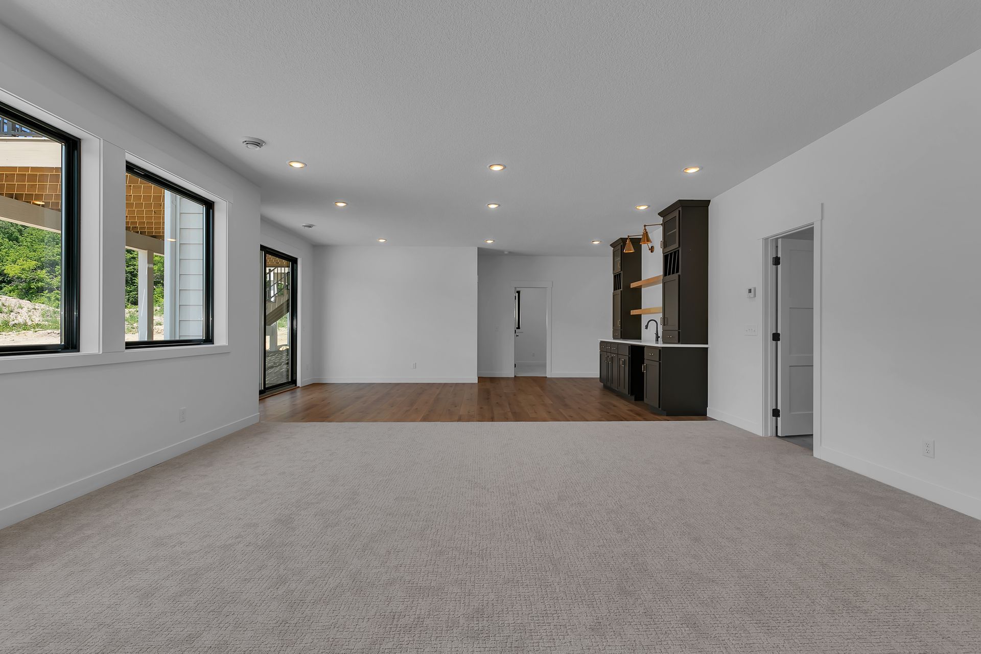 An empty room with a lot of windows and a carpeted floor