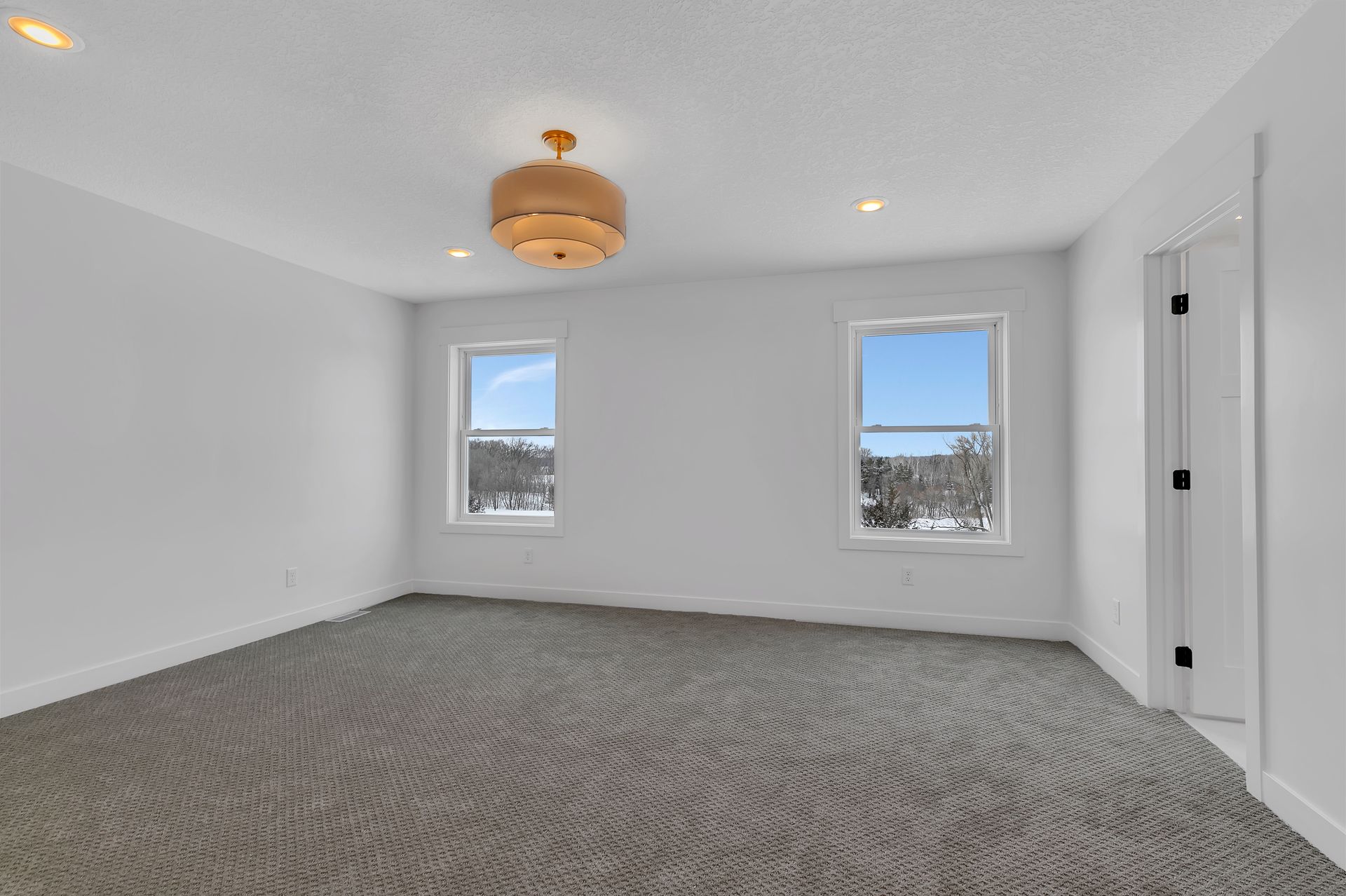 A large empty room with a carpeted floor and two windows.