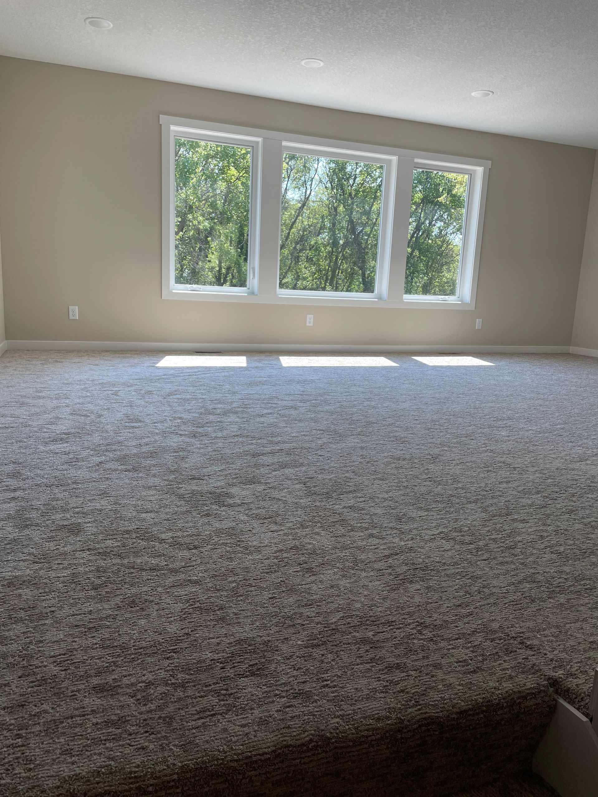 An empty room with a carpeted floor and three windows.