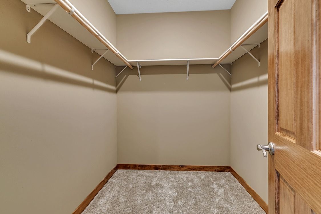 A walk in closet with a wooden door and shelves.