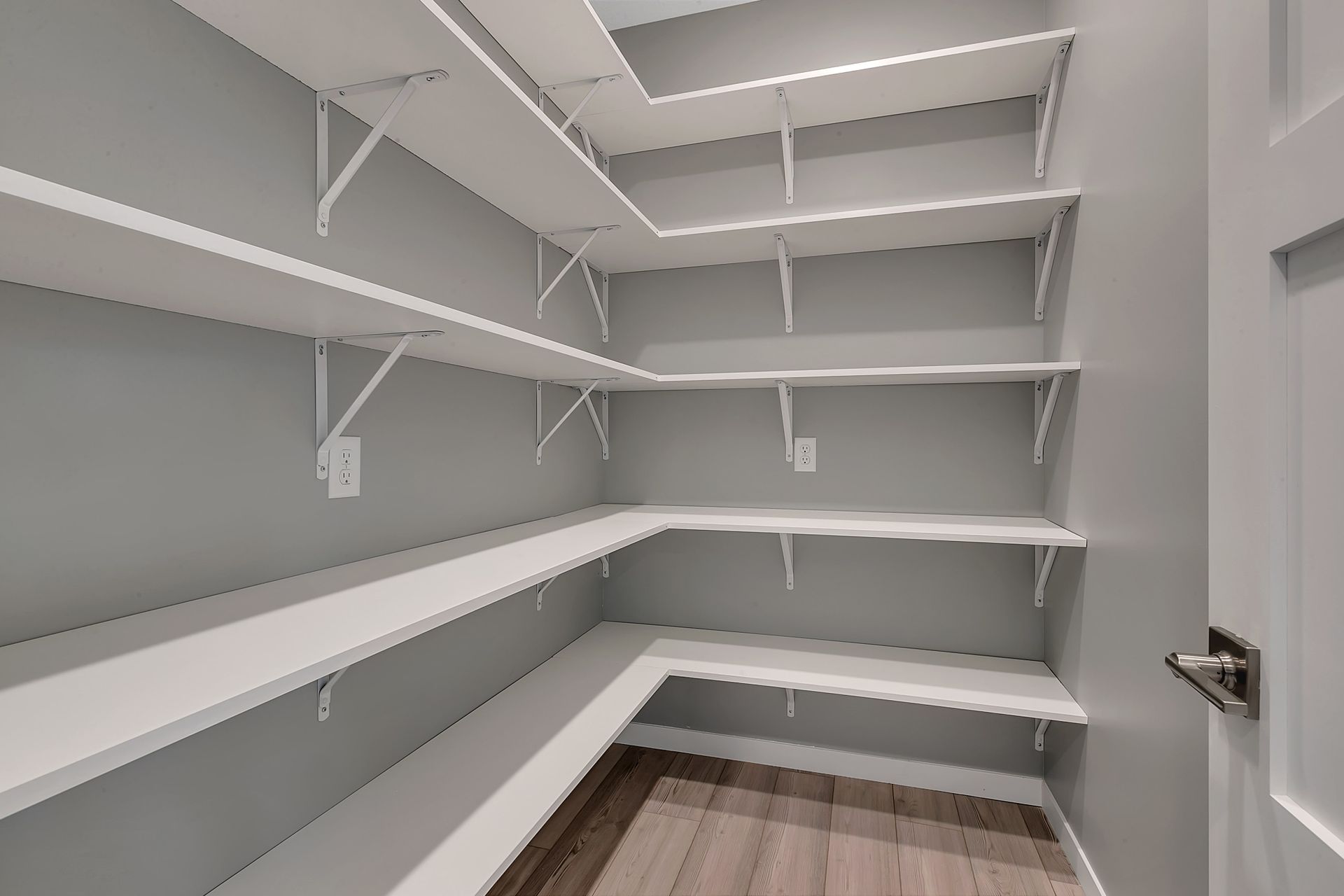 An empty pantry with lots of shelves and a door.