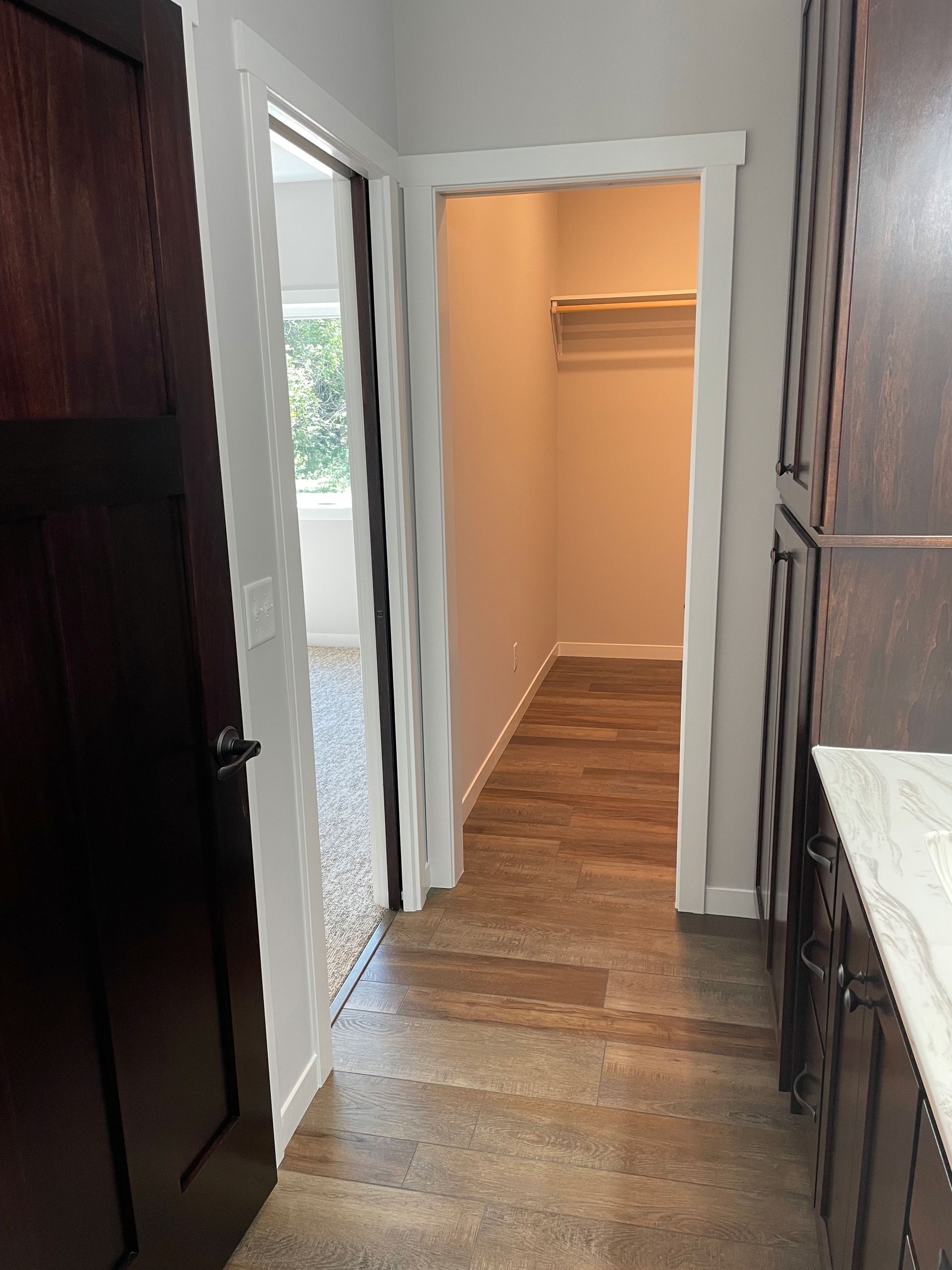 A hallway leading to a closet in a house.