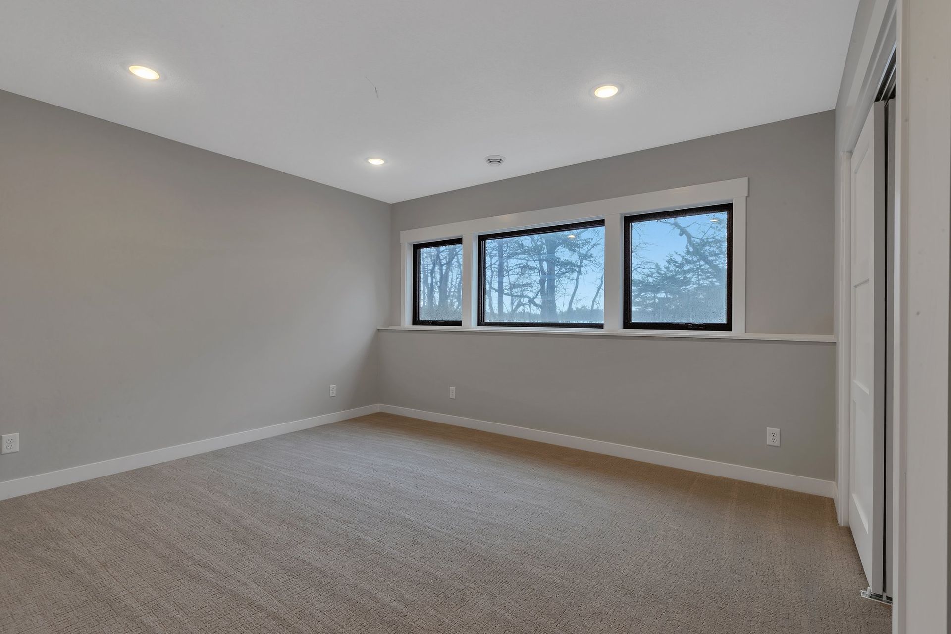 An empty room with a lot of windows and a carpeted floor.