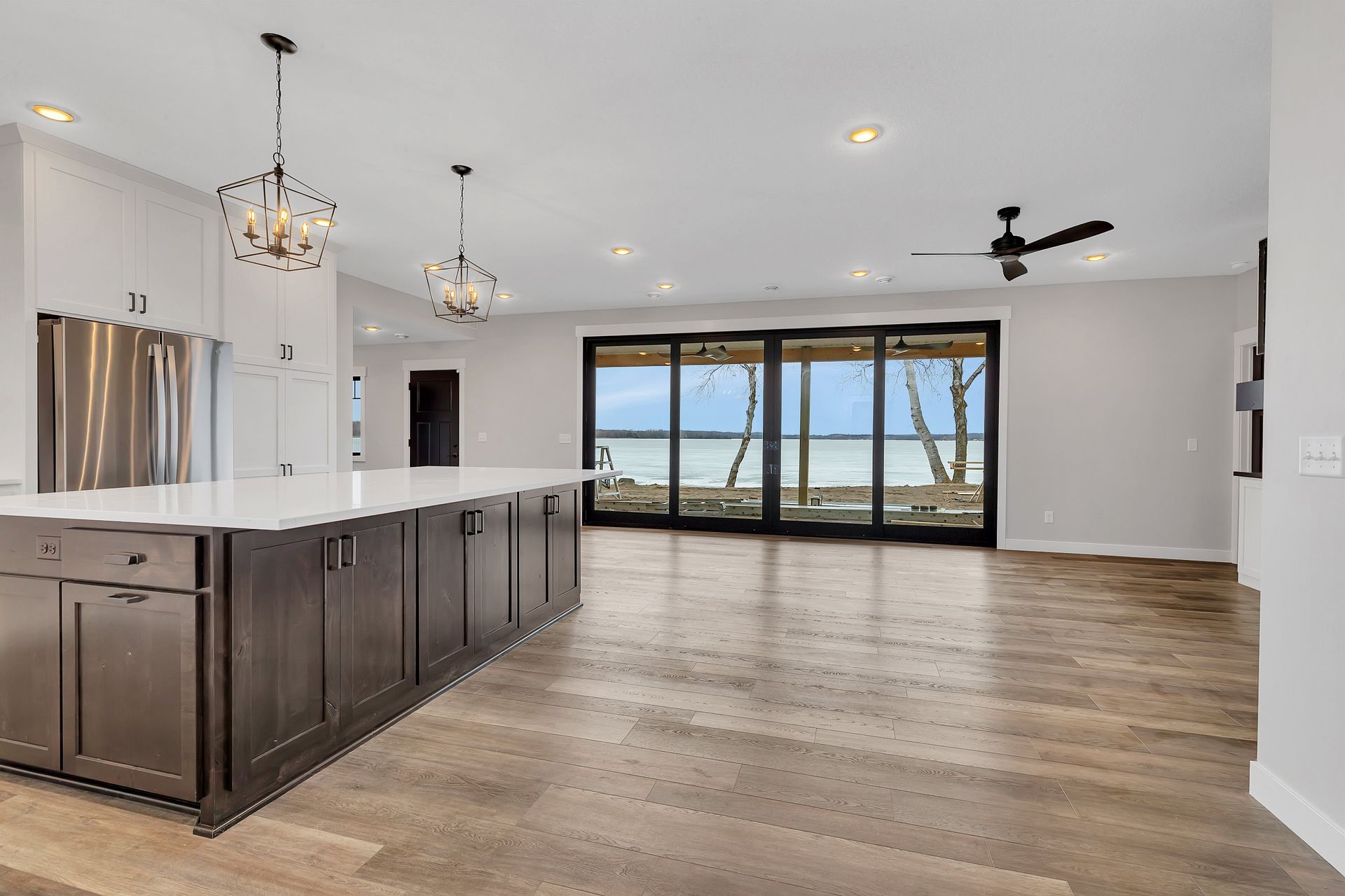 There is a large island in the middle of the kitchen.