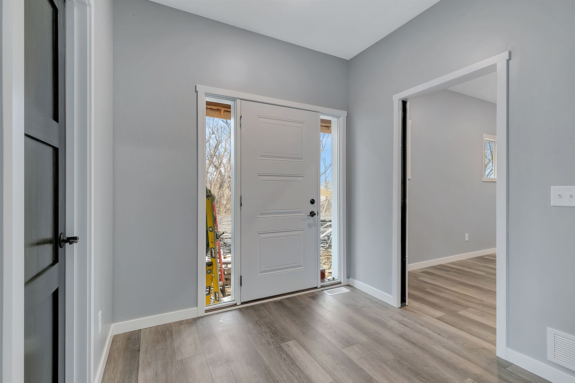 A hallway with a white door and wooden floors in a house.