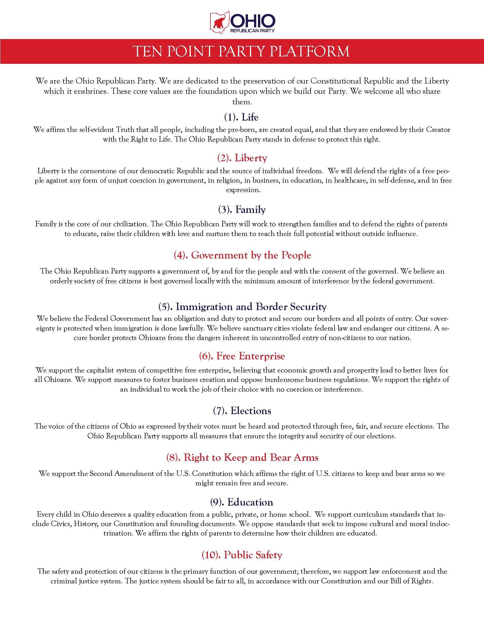 Ten Point Party Platform Ohio Republican Party and Lucas County Republican Party