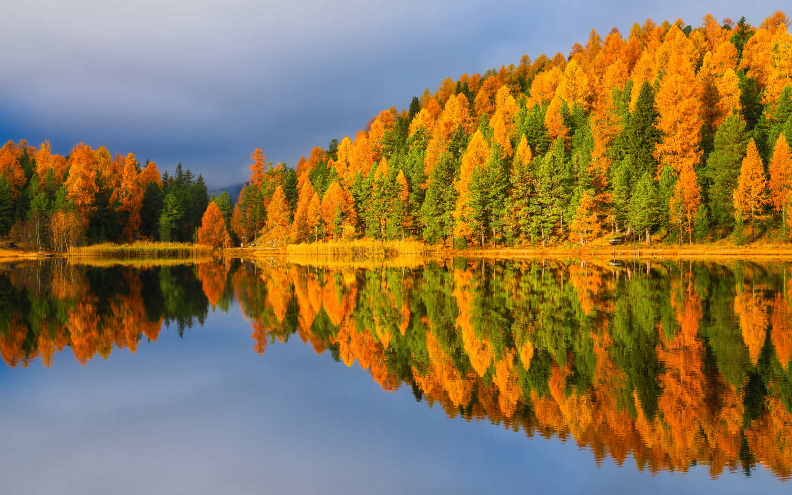 Autumn trees reflected in calm lake. Orange, yellow, and green foliage. Blue sky.