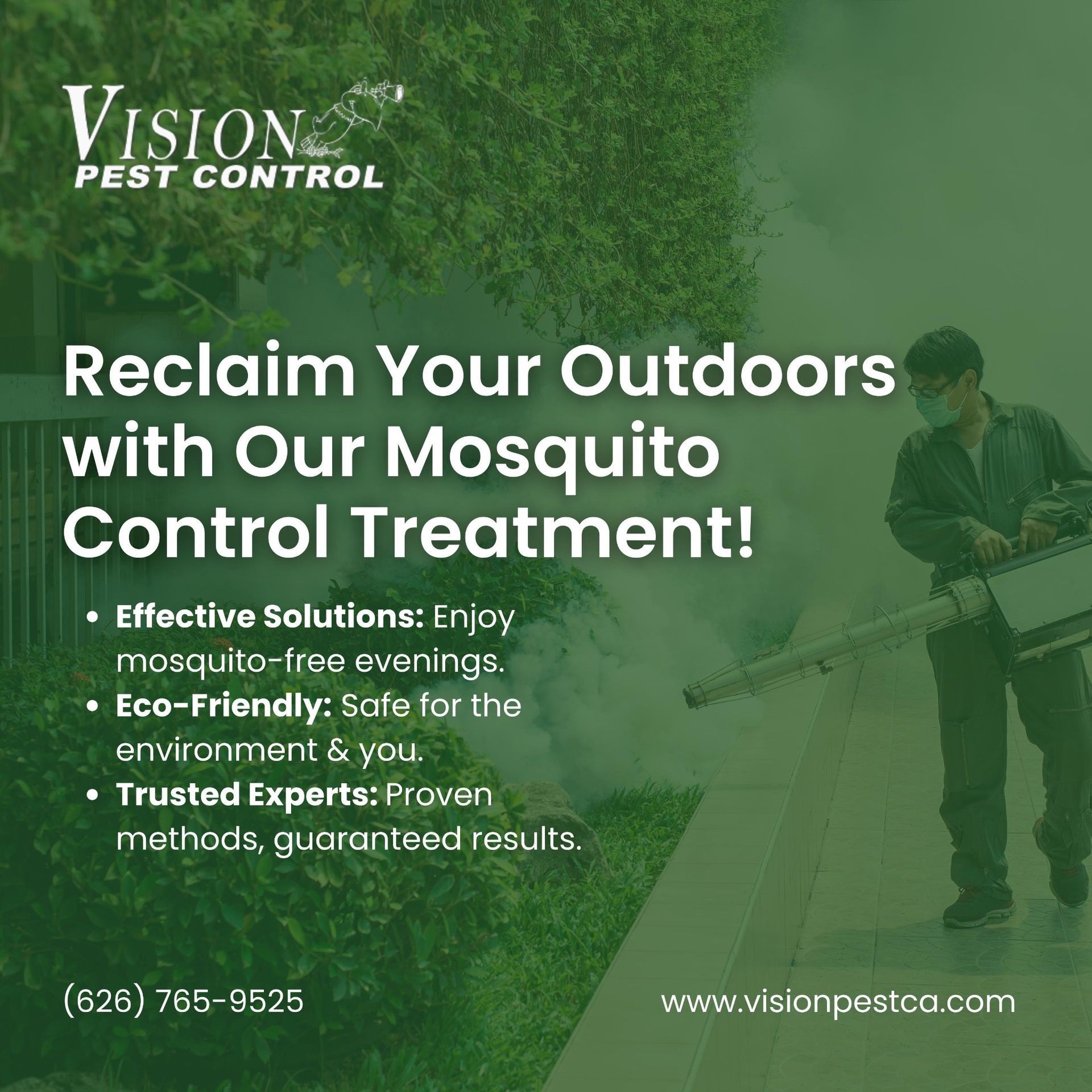 A Vision Pest Control advertisement featuring a person using a fogging machine outdoors.