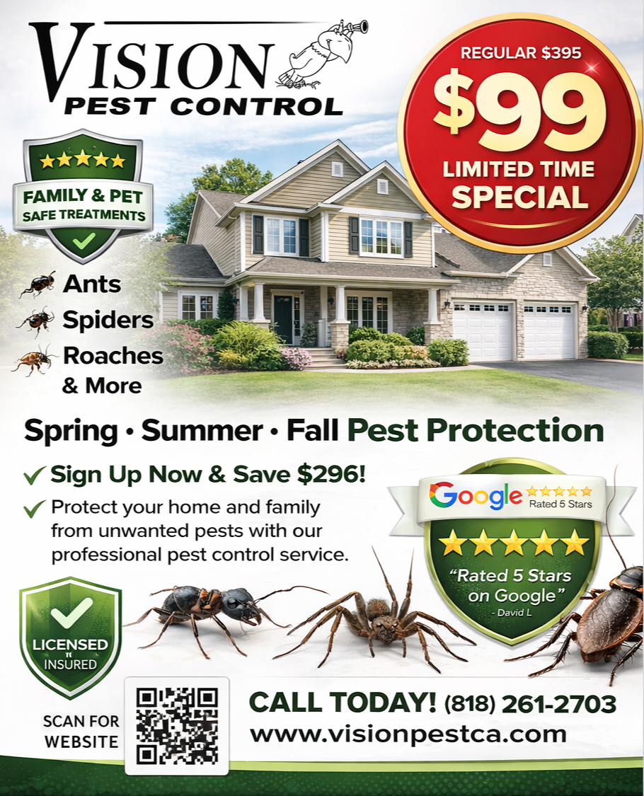 Vision Pest Control flyer featuring a house, 5-star ratings, pest icons, a $99 deal, and contact details.
