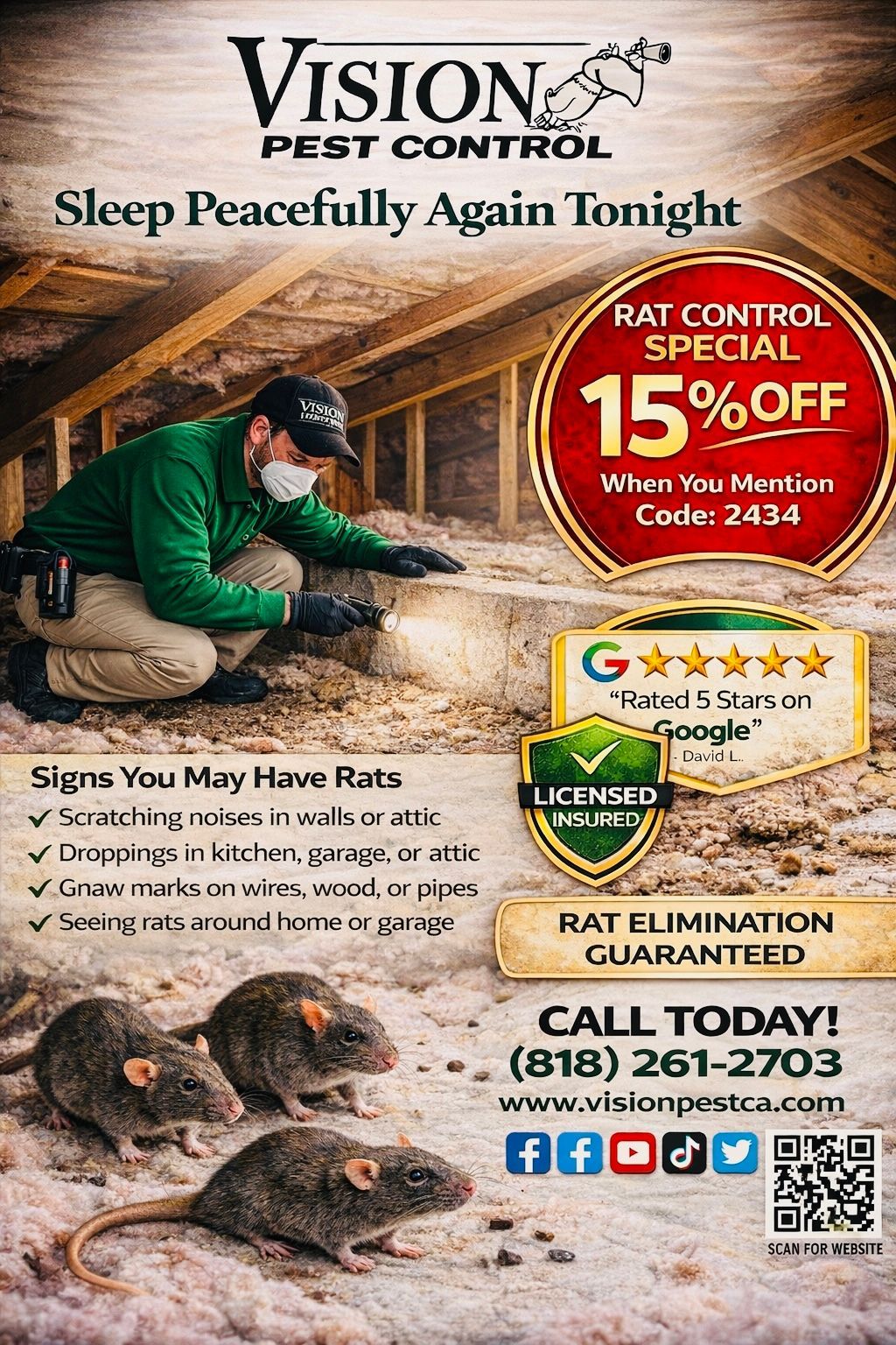 Vision Pest Control ad showing a technician inspecting an attic, rat signs, a 15% discount code, and contact information.