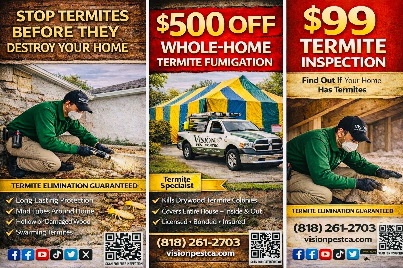 Three-panel advertisement for termite services featuring a technician, a fumigated home, and contact information.