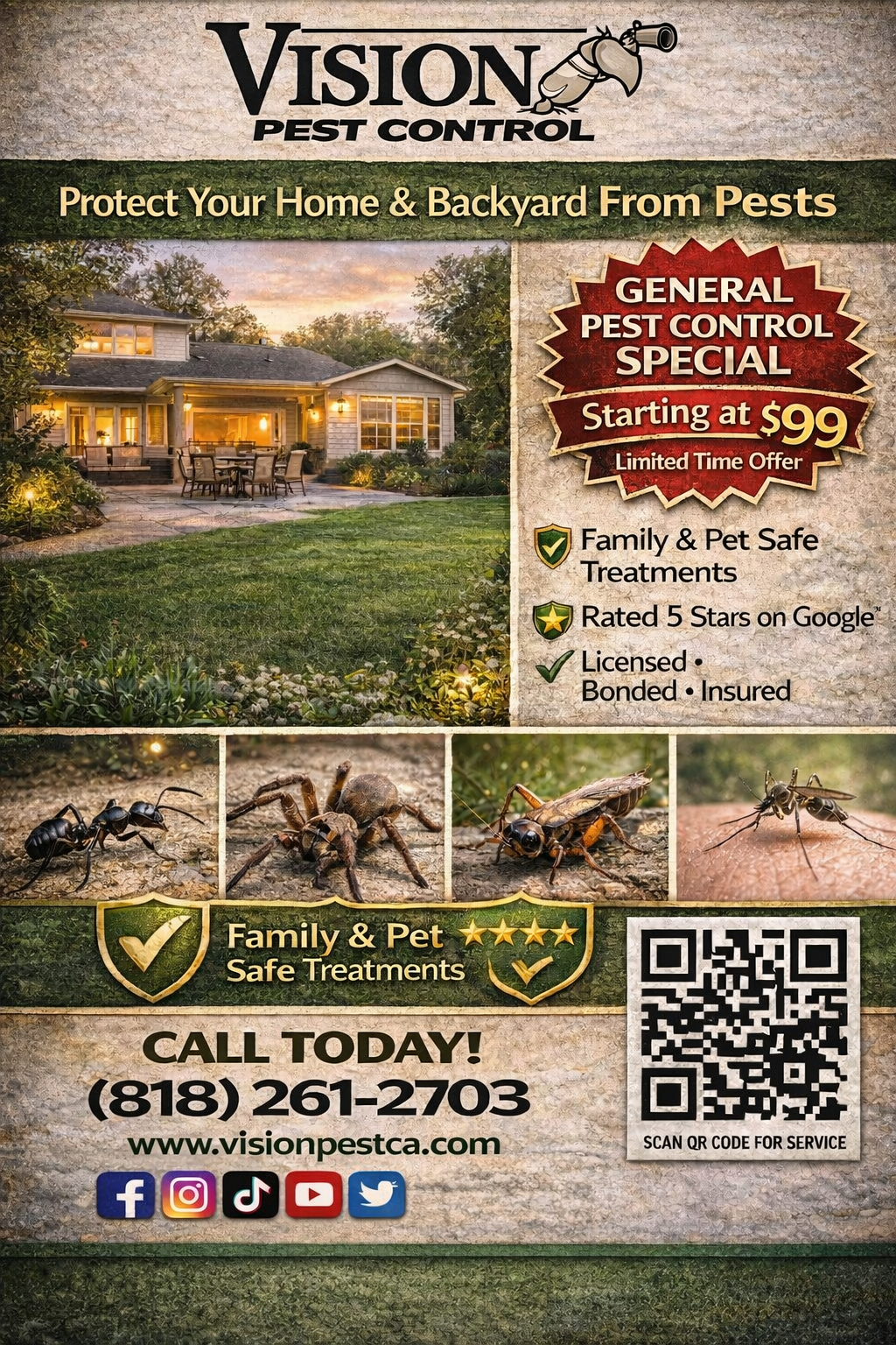 Vision Pest Control advertisement offering services starting at $99, with contact information and a QR code.