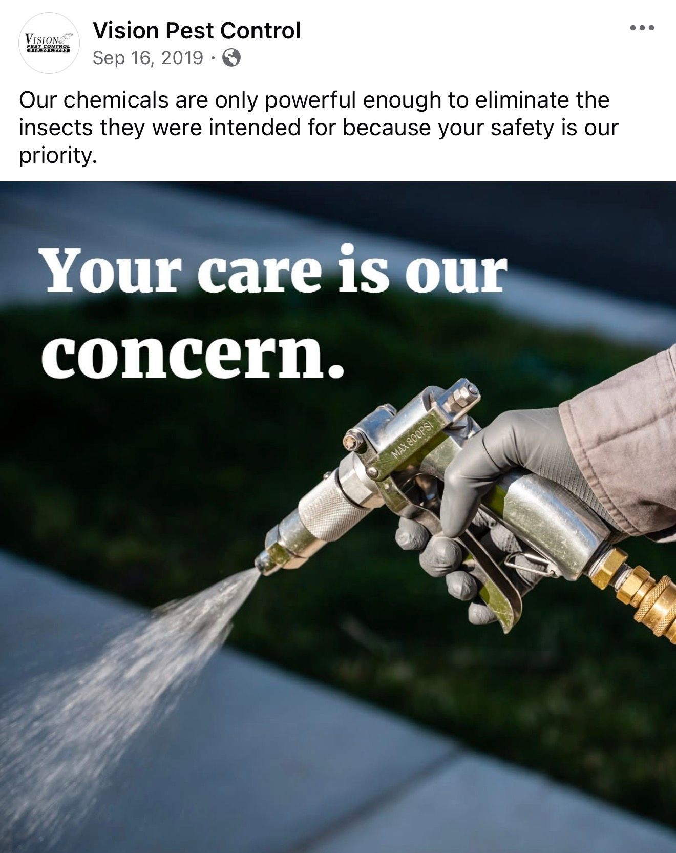 A hand in a grey glove sprays liquid from a tool, overlaid with the text: 