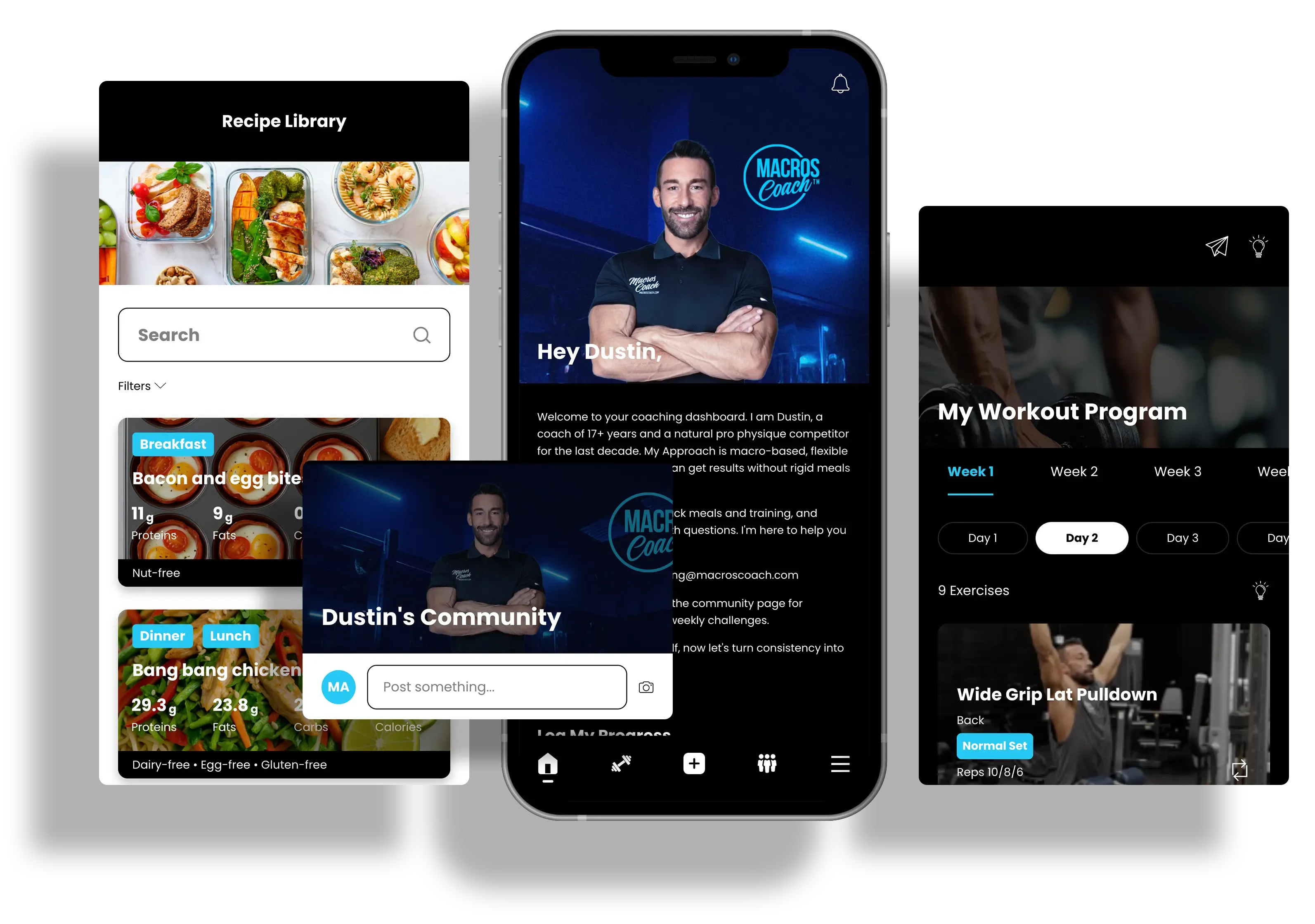 Three mobile phones displaying fitness app interface. Features include meal plans, workout programs, and a community.
