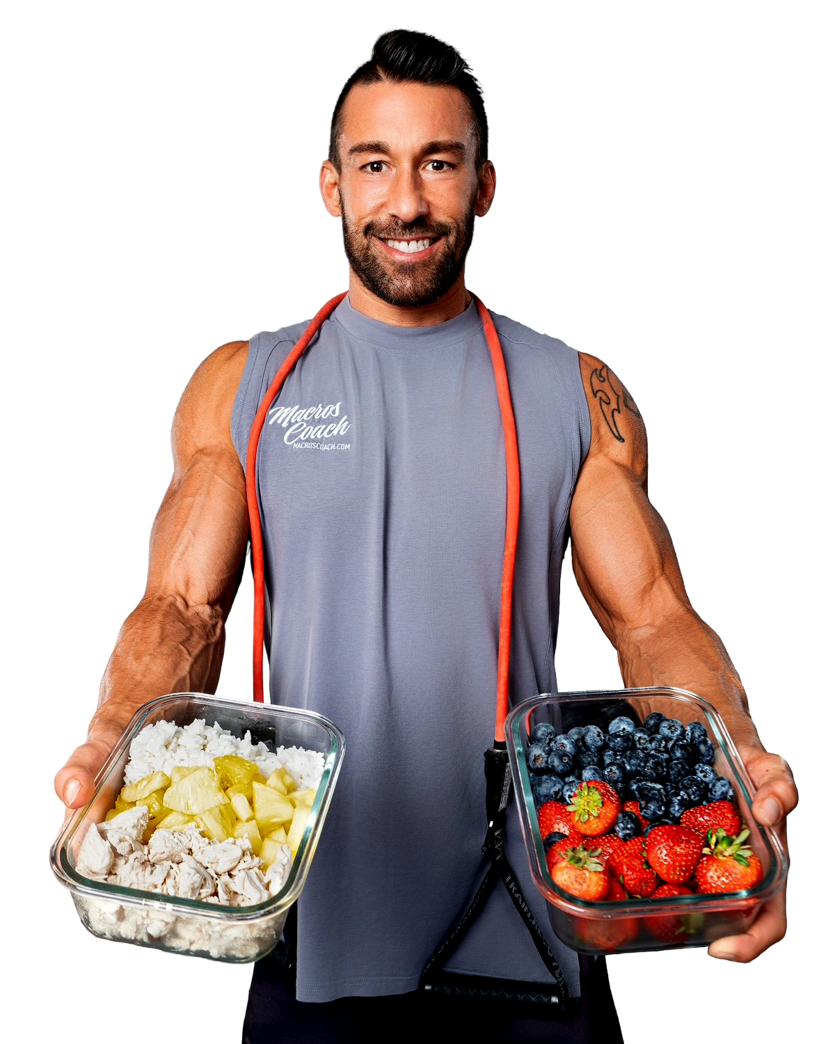 Man holding two containers of food; one with chicken and pineapple, the other with strawberries and blueberries.