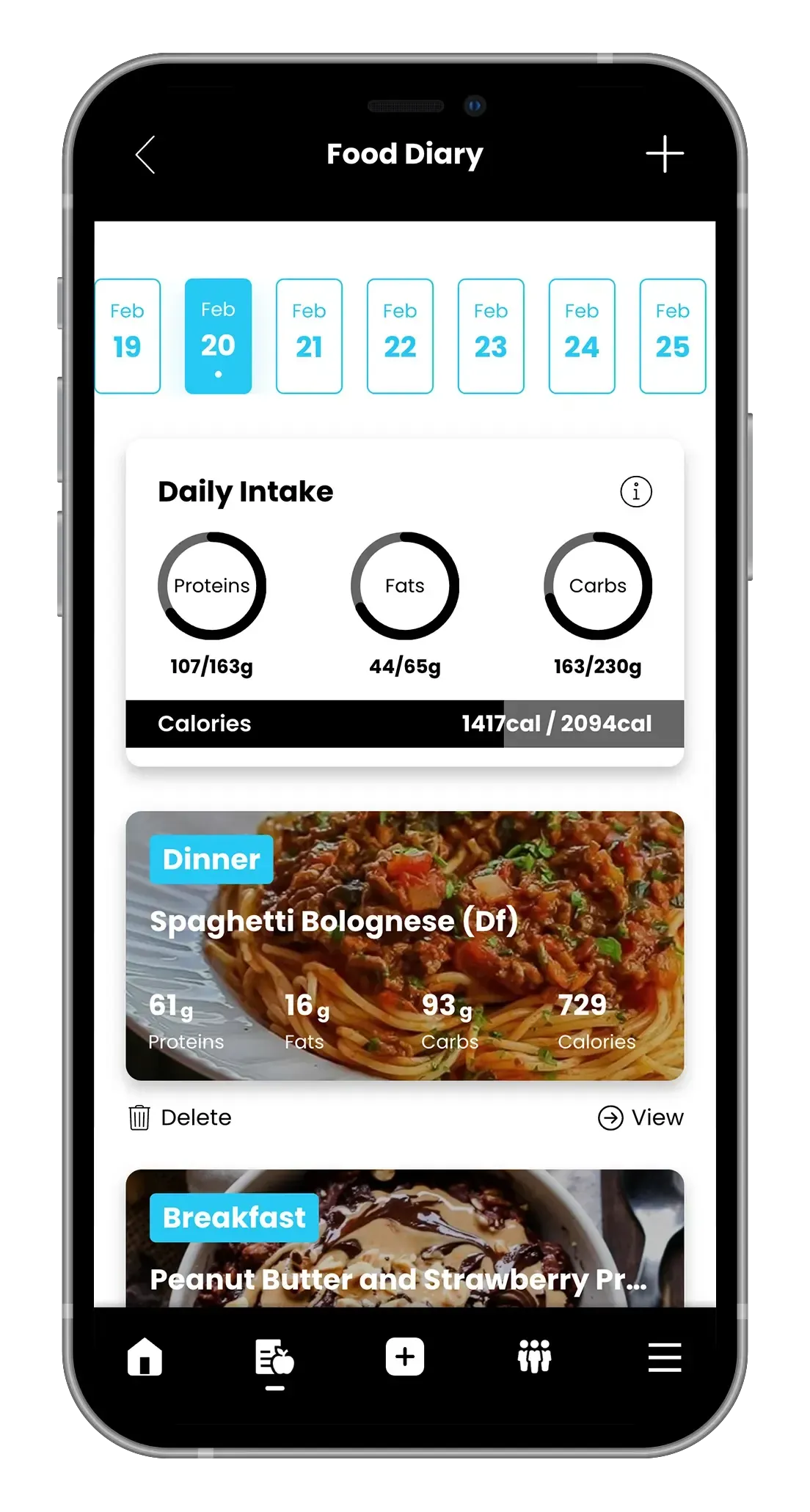 Smartphone app displaying food diary with daily intake and meal logs.