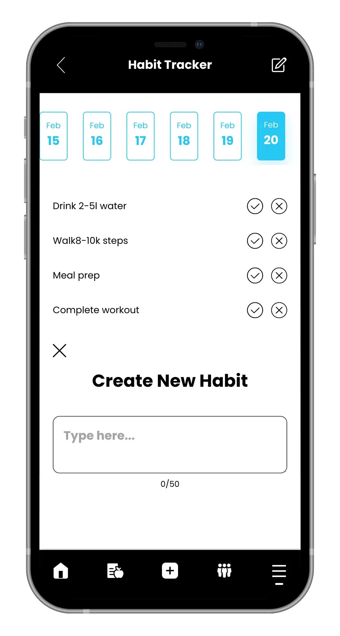 Smartphone screen displaying a habit tracker app interface with checkable habit entries and a "Create New Habit" prompt.