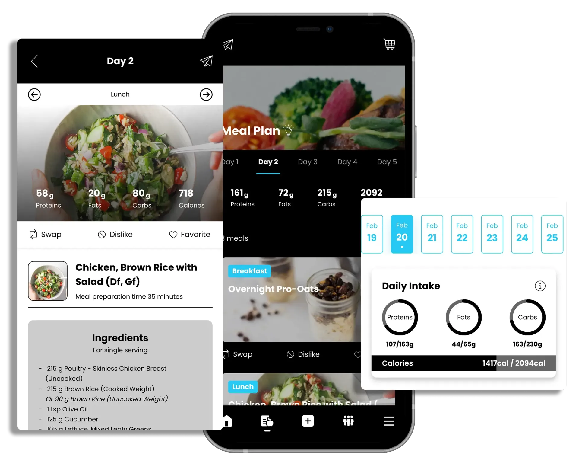 Screenshots of a mobile app for meal planning.  One shows a food list, another a meal plan with daily intake, both with dark mode.