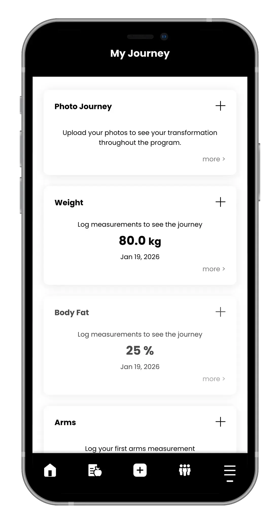 Mobile app screen showing weight, body fat, and other health metrics.