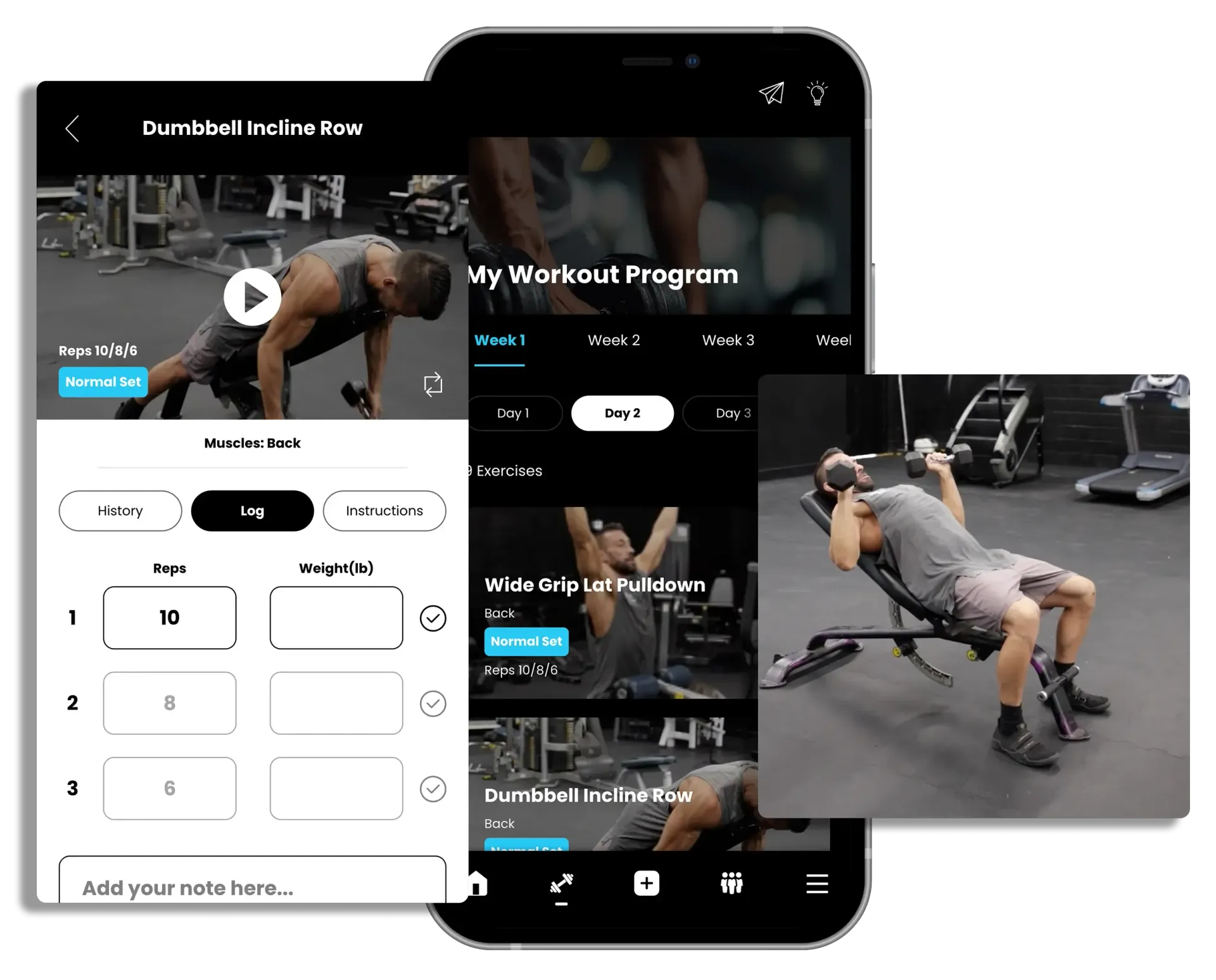 Screenshots of a fitness app on a mobile device showing workout instructions and videos of exercises being performed.