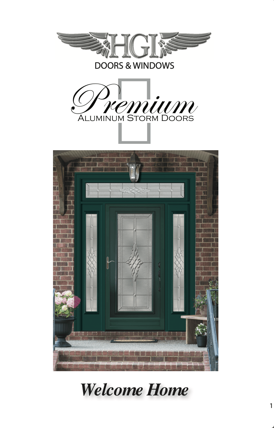 A green door with a stained glass window is on a brick building.