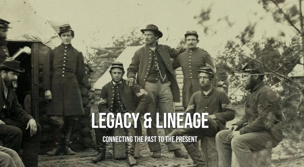 Group of Civil War soldiers posing outdoors, text 