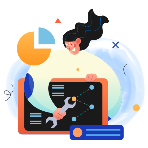 Woman with glasses fixing a graph with a wrench, next to a pie chart.