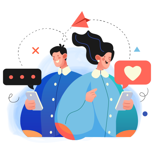 Two people texting on phones, sharing messages and a heart icon, with paper airplane and doodles.