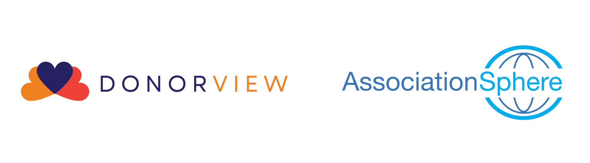 Logos for DonorView and AssociationSphere. DonorView's logo has hearts, AssociationSphere has a blue globe.